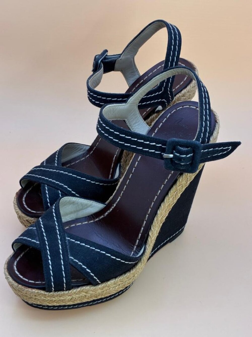 GORGEOUS Christian Louboutin Black Canvas Espadrille Wedge Sandals W EU 35 US 5